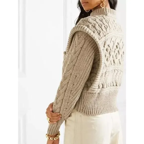 Isabel Marant Milane Cropped Cable Knit Merino Wool Sweater Ivory Sz 34 …